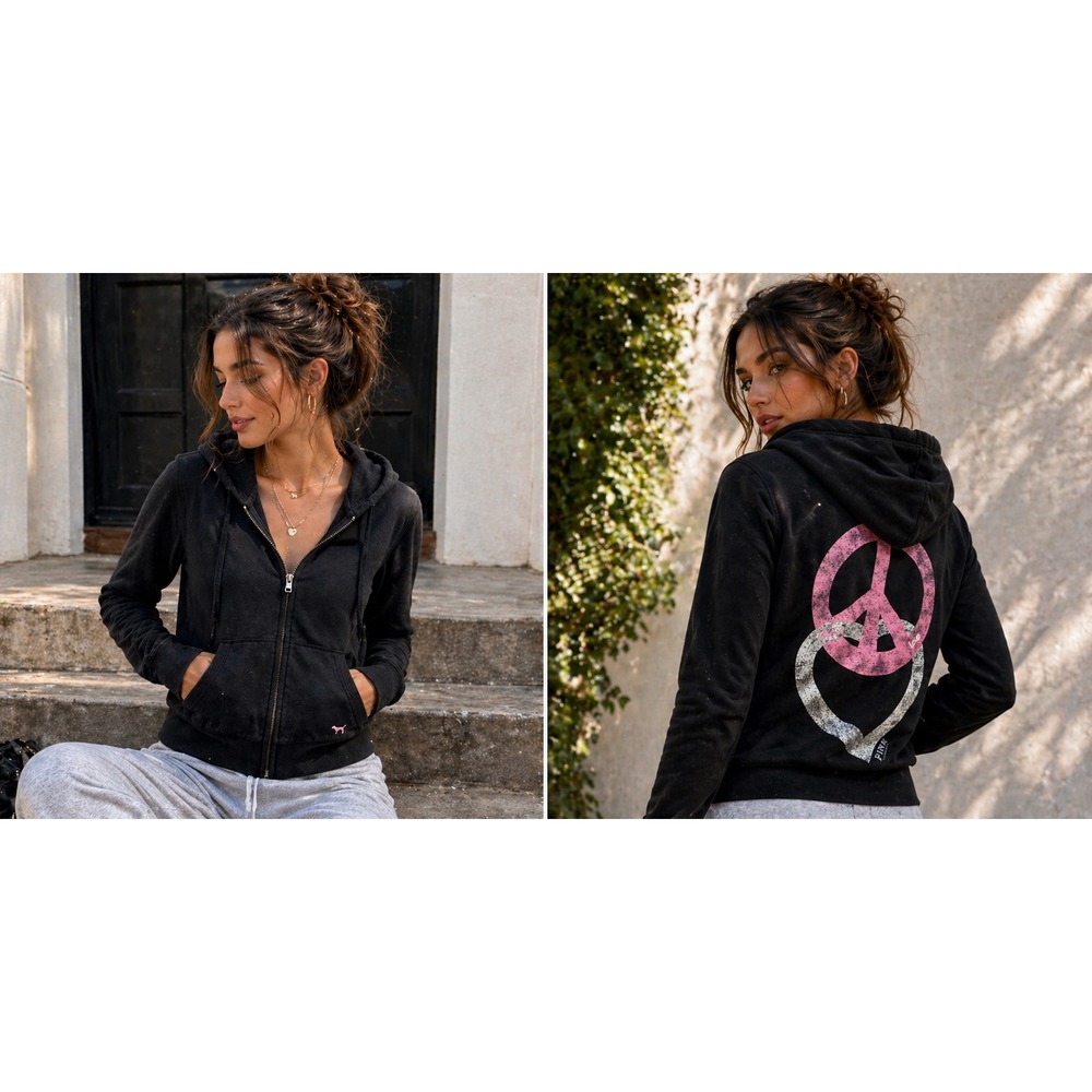 Y2K 2000's PINK Victoria's Secret Black Peace Heart Graphic Full Zip Hoodie Sz L